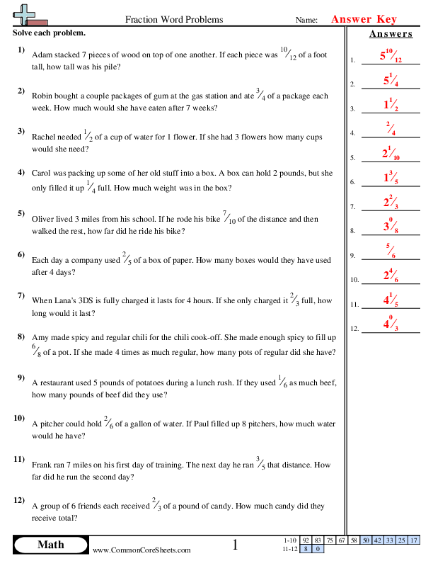  - Multiplying Fraction by a whole (word) worksheet